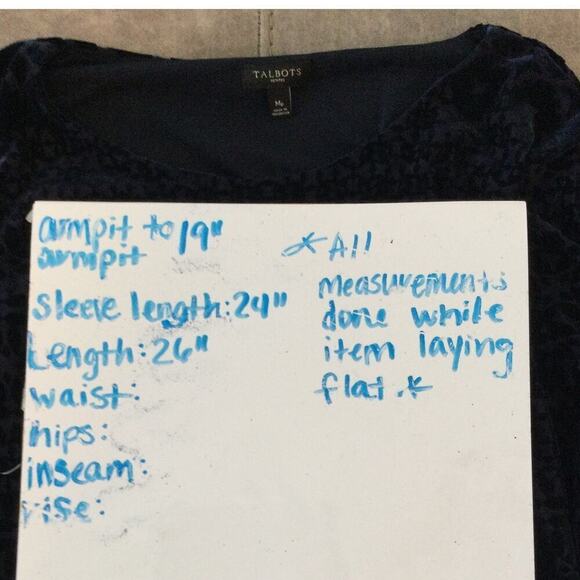 Talbots Velvet Burnout Shirt Womens MP M Petite Navy Blue Tie Sleeve Whimsigoth - Picture 3 of 9